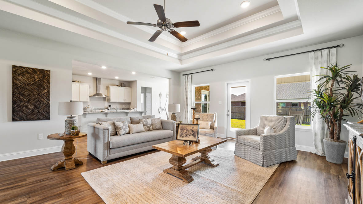 Open concept living room with trey ceiling.