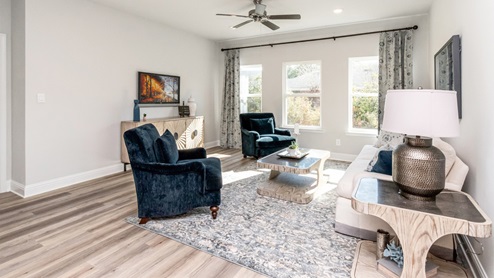 Beautiful bright living area, accented by blue decor.