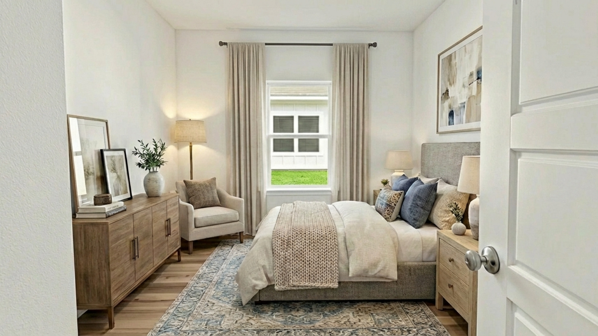 Guest bedroom with neutral decor.