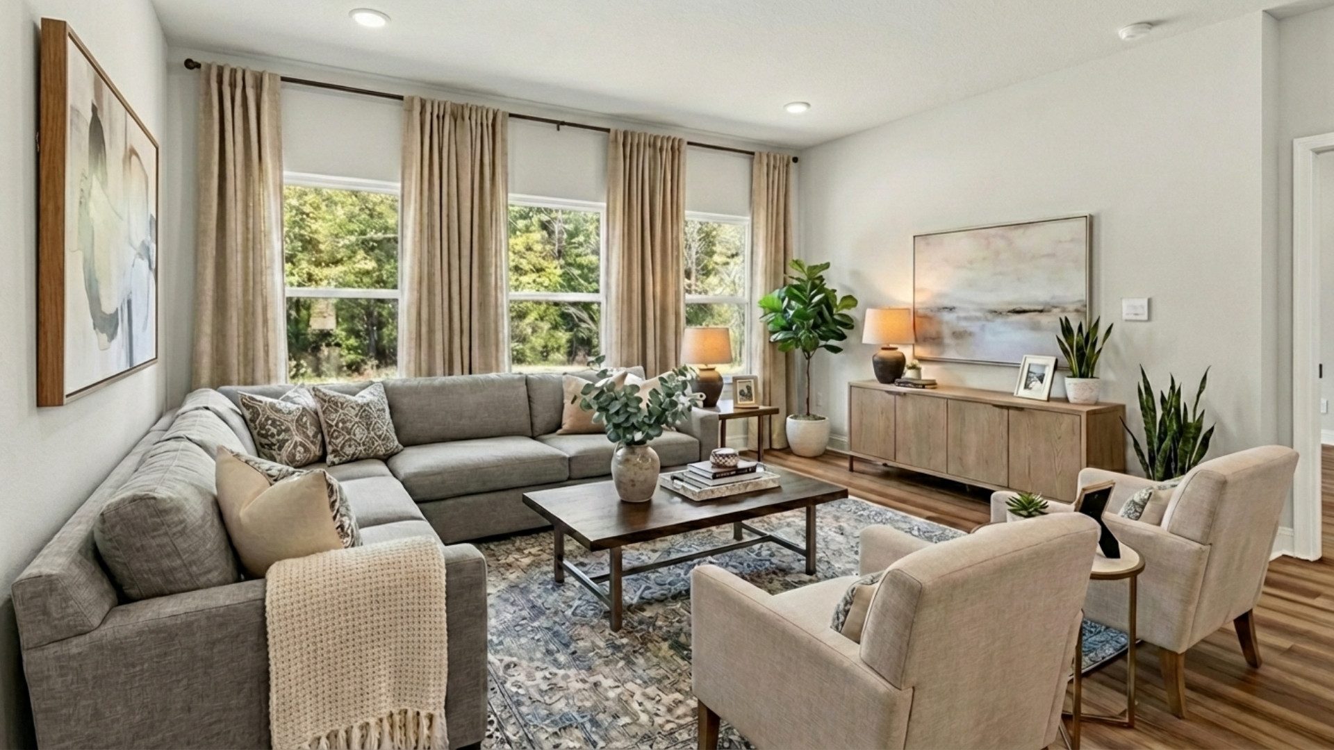 Living room with neutral decor.