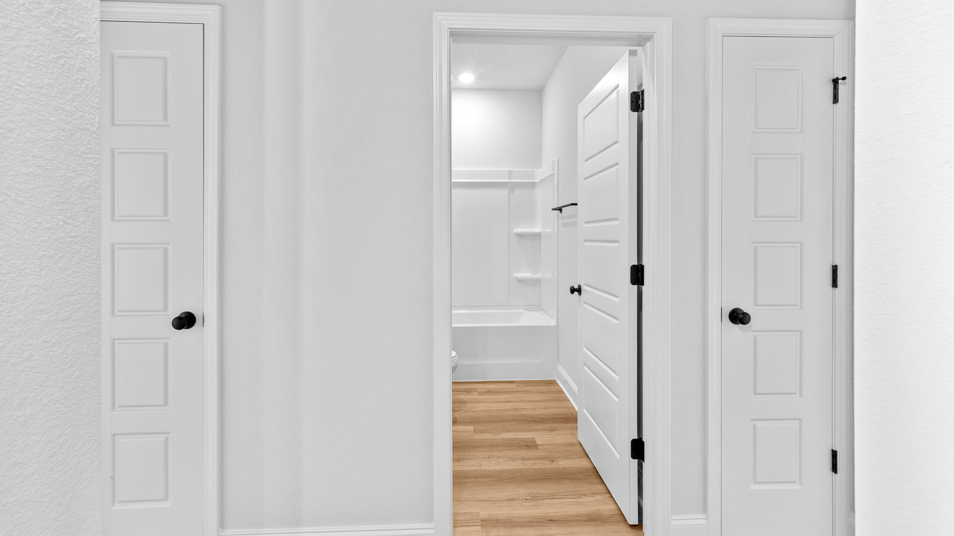 Hallway off the main entry leading to the guest bedroom and bathroom in Mobile County.