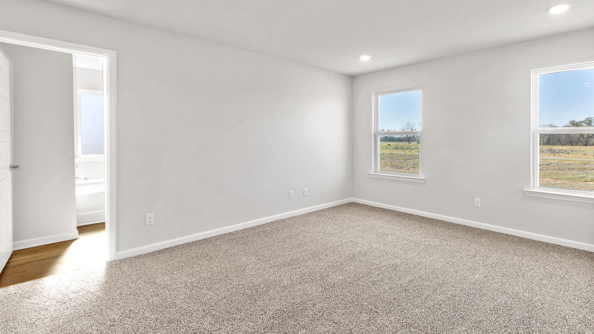 Primary suite with plush carpet and windows for natural light.