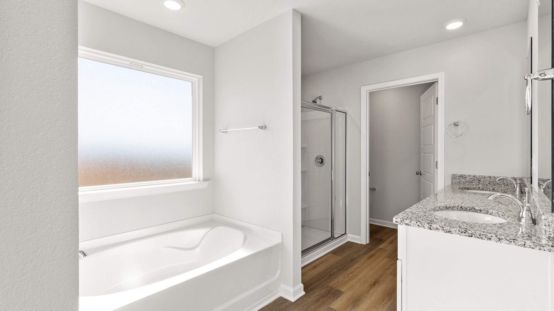 The primary bathroom of a new construction D.R. Horton home in Palmer Woods.