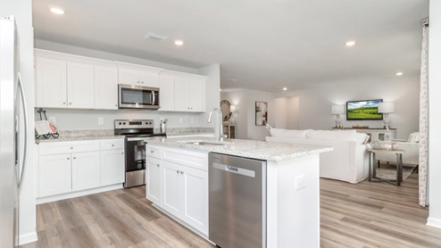 side view of kitchen and living area