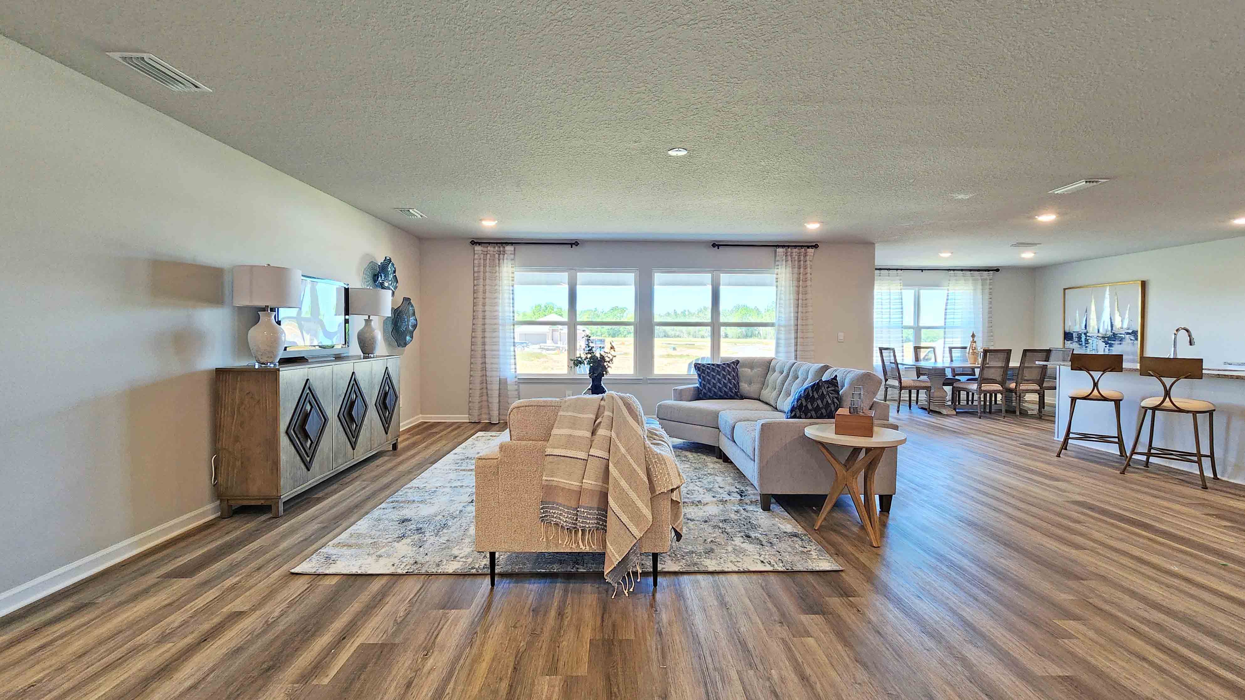 Light-filled and spacious family room in a new Alabama home.