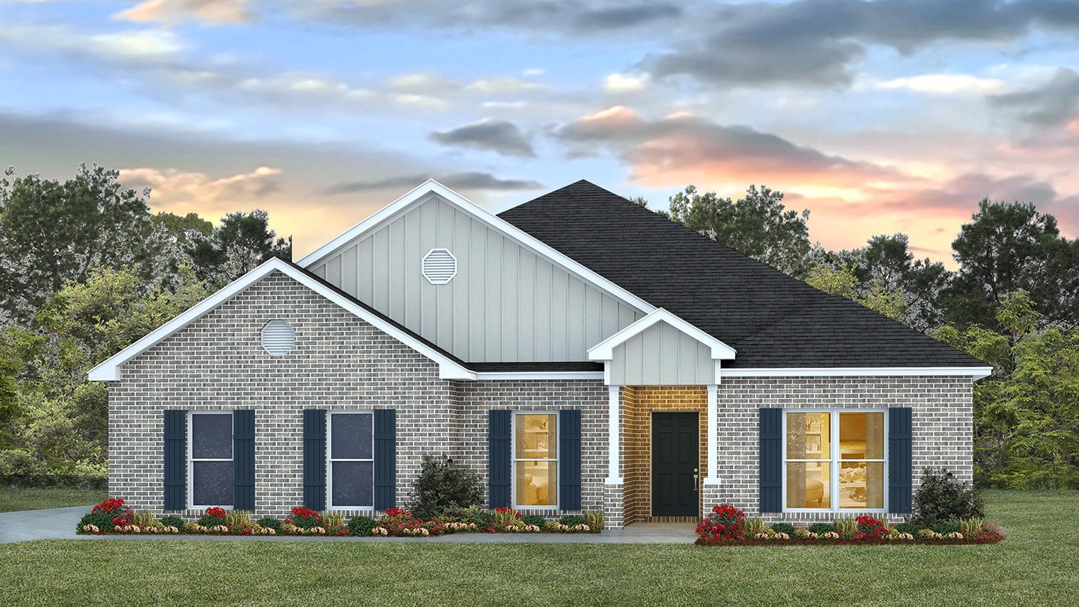 One-story new home rendering with brick exterior and a side-entry garage.