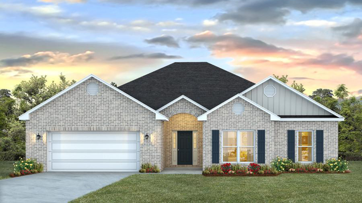 Kaden new brick home exterior with garage.