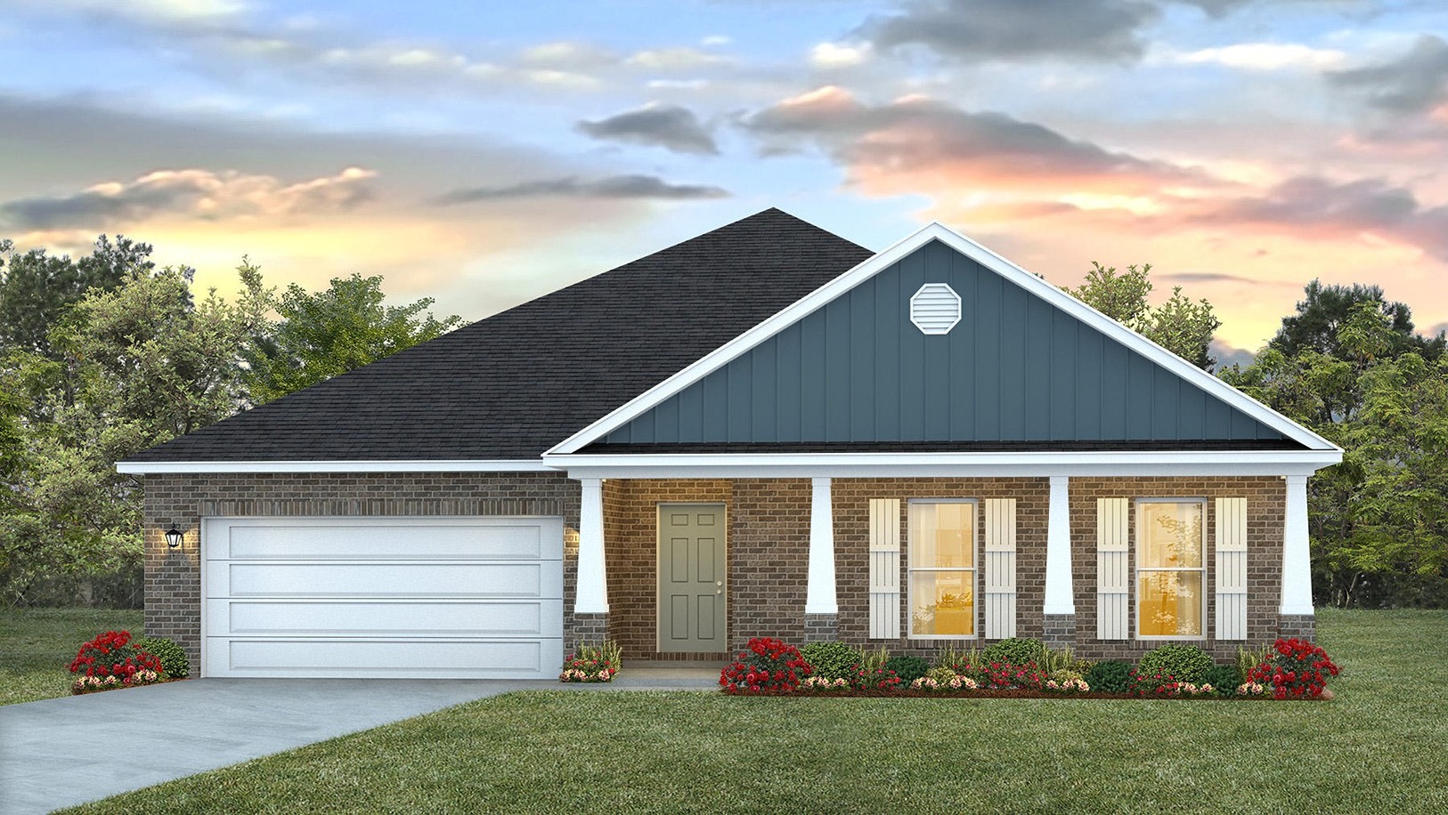 Single-story brick home with large front porch and garage.