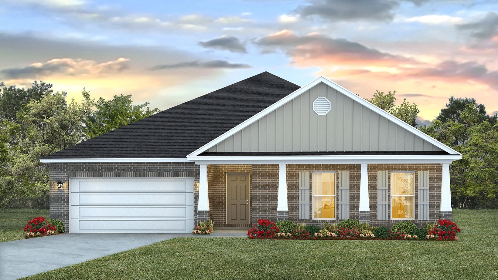 Single-story brick home with large front porch and garage.