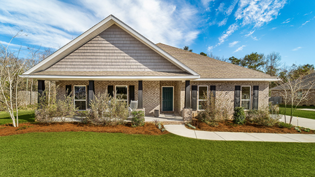 Single-story brick home with a board and batten gable and side-entry two-car garage.