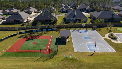 Aerial view of whiffle ball field and basketball courts