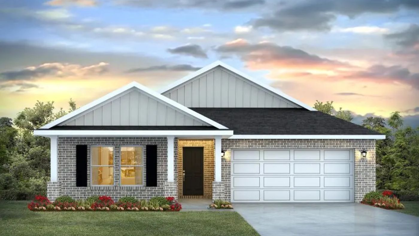 Lakseise C4 new home elevation with brick front and garage with Hardyboard accents on gables.