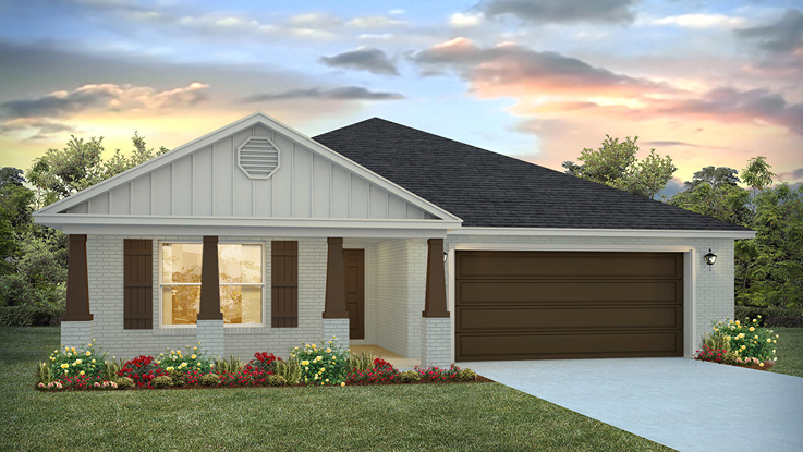 Single-story new home rendering with a covered front porch and 2-car garage.