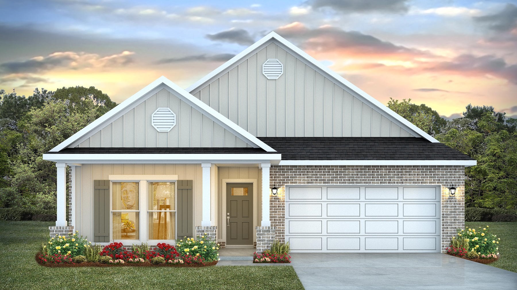 One story floor plan with off-white siding and garage. 3 columns in front of porch are connected by 2 arches