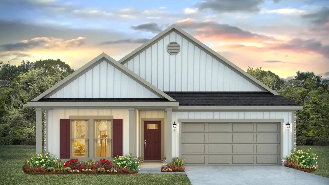 One story floor plan with off-white siding and garage. 3 columns in front of porch which has window and front door. Jackson Plan in Stonebridge