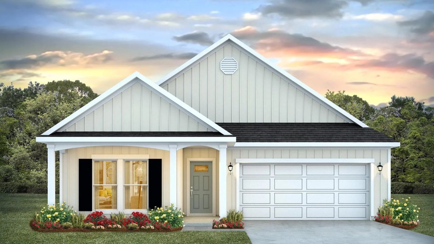 One story floor plan with off-white siding and garage. 3 columns in front of porch are connected by 2 arches