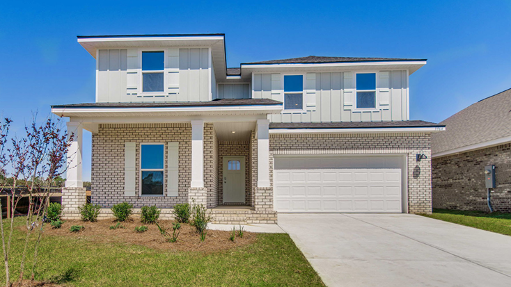 Two-story new home with a covered front porch, gables, and two-car garage.