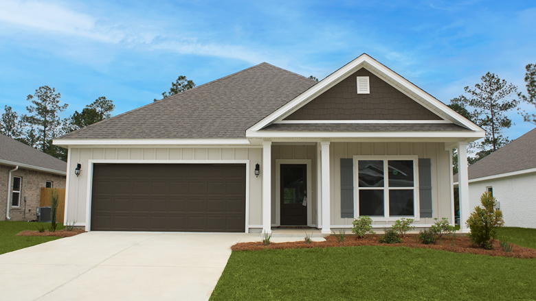 Single-story home with a covered front porch and 2-car garage.