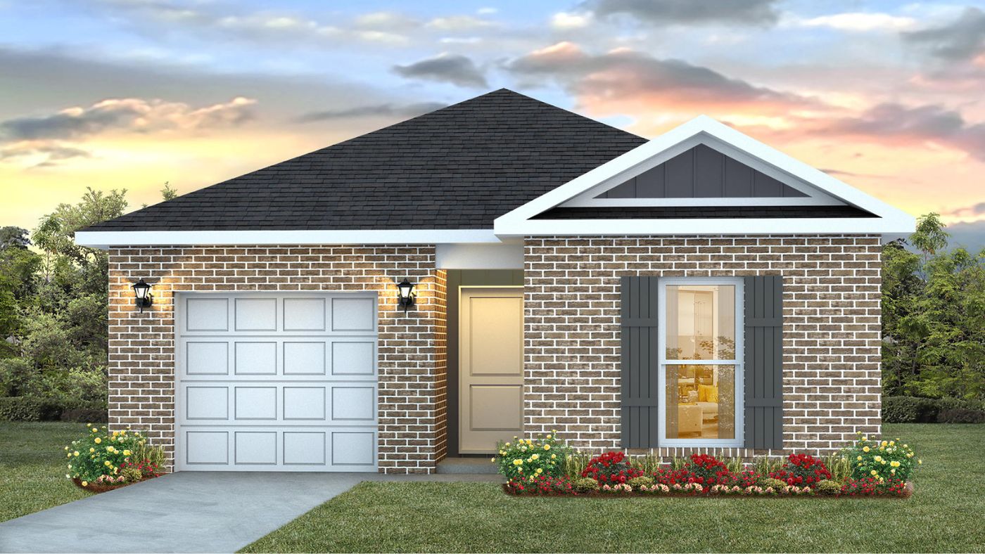 Single-story brick home with large window.