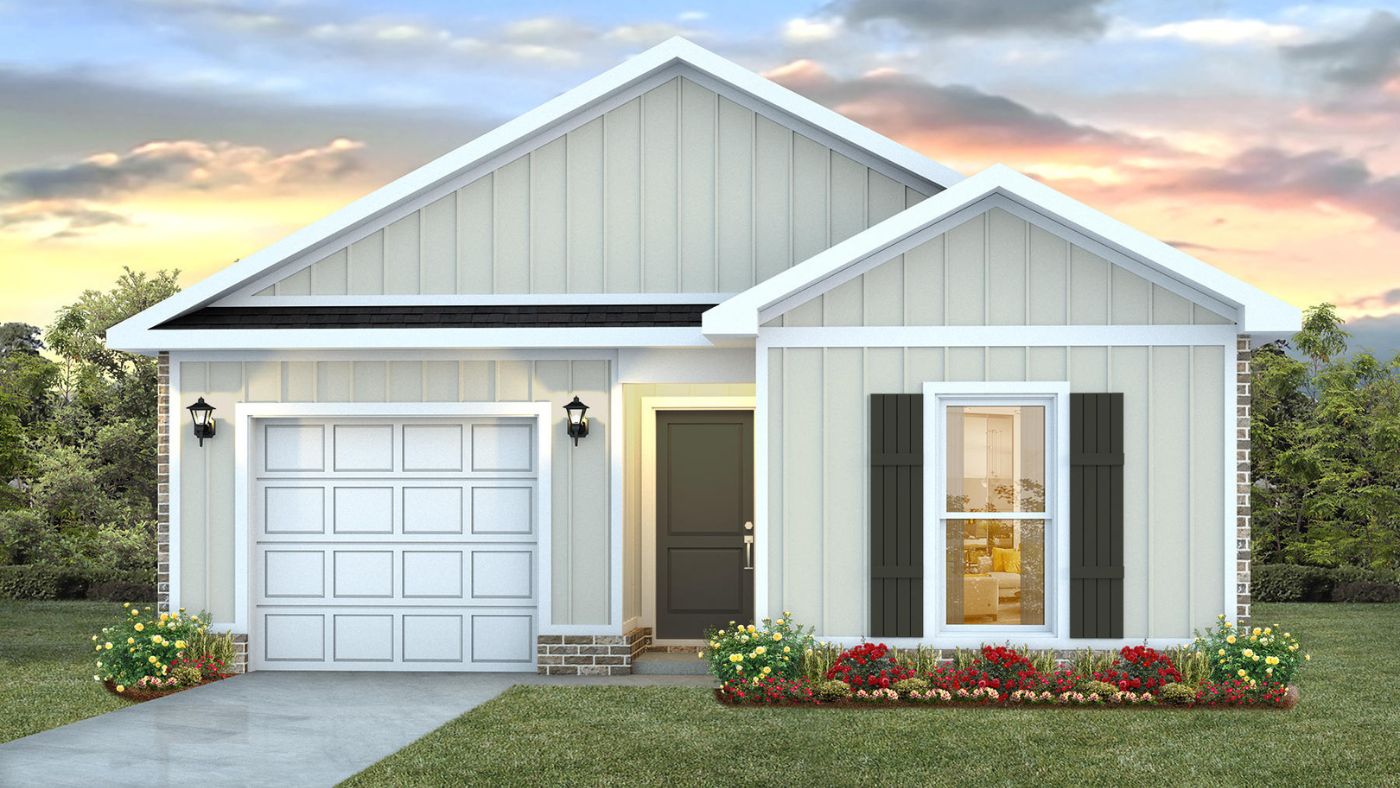Single-story home with garage featuring Hardie board sifing and brick water table.