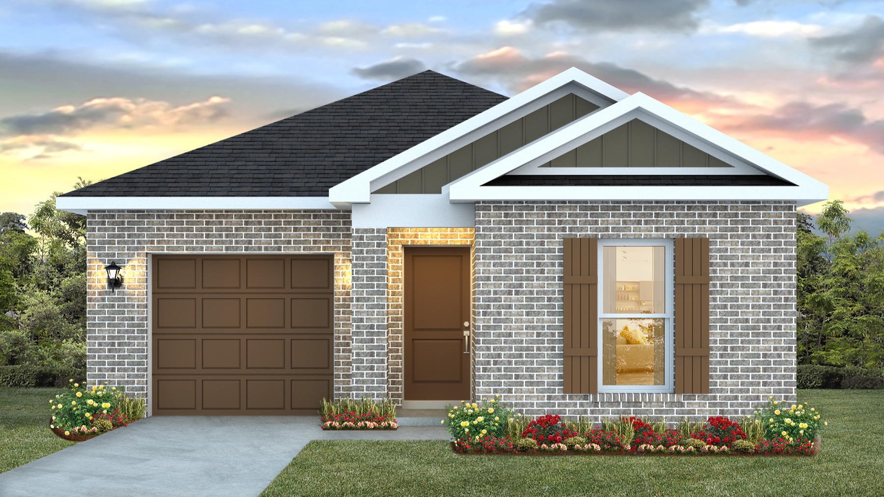 Single-story new home rendering with a one-car garage.