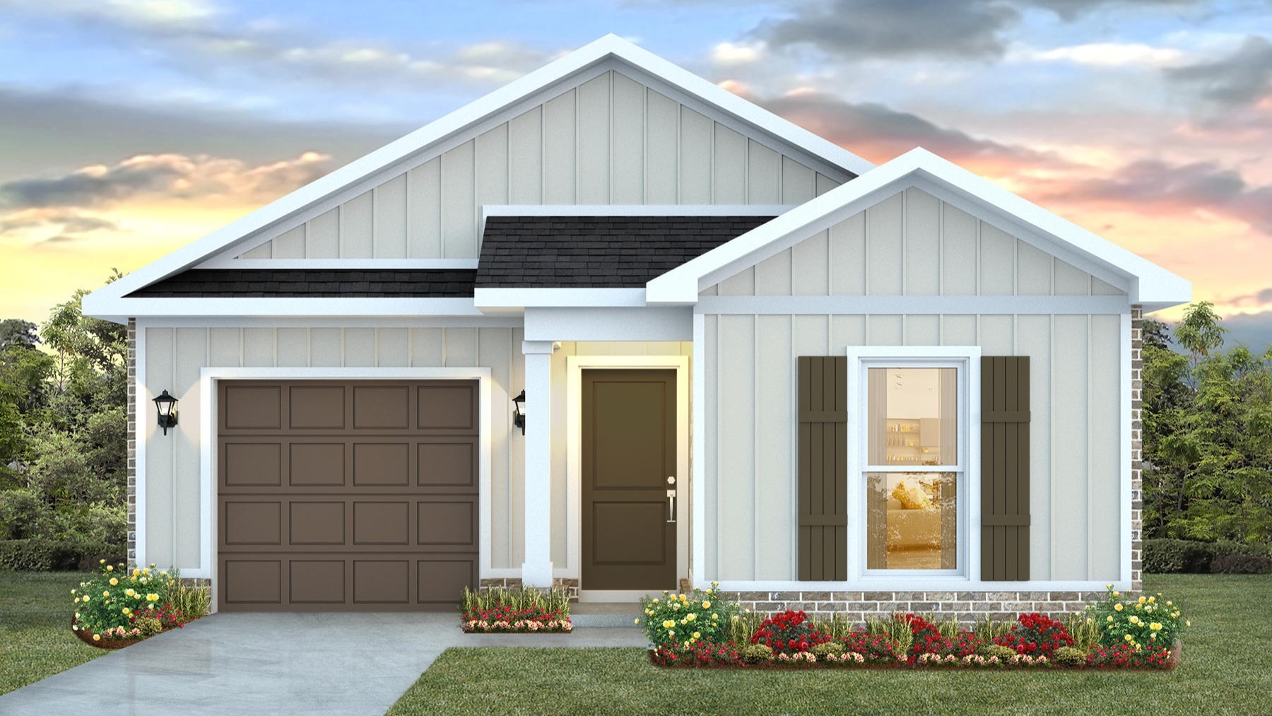 Single-story home rendering with a one-car garage.
