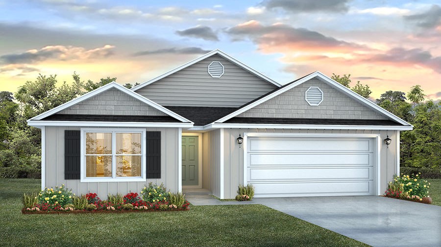 One-story new home rendering with a two-car garage.