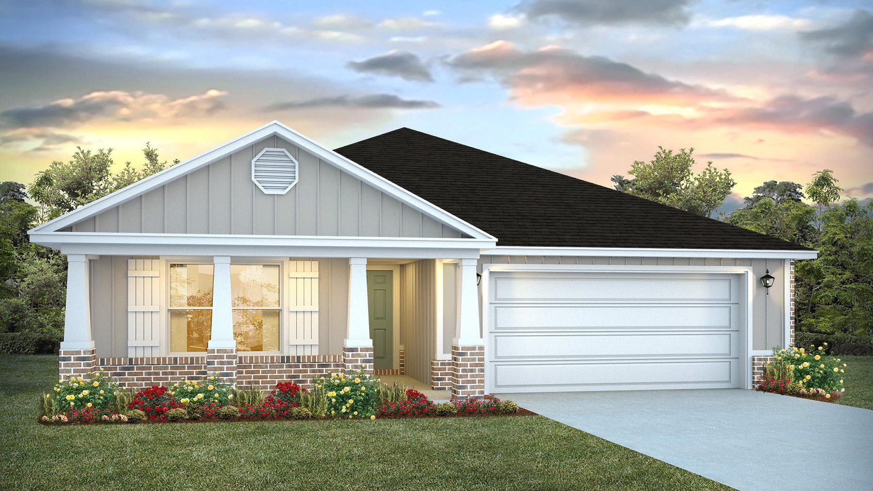 One-story new home rendering with a covered front porch and two-car garage.
