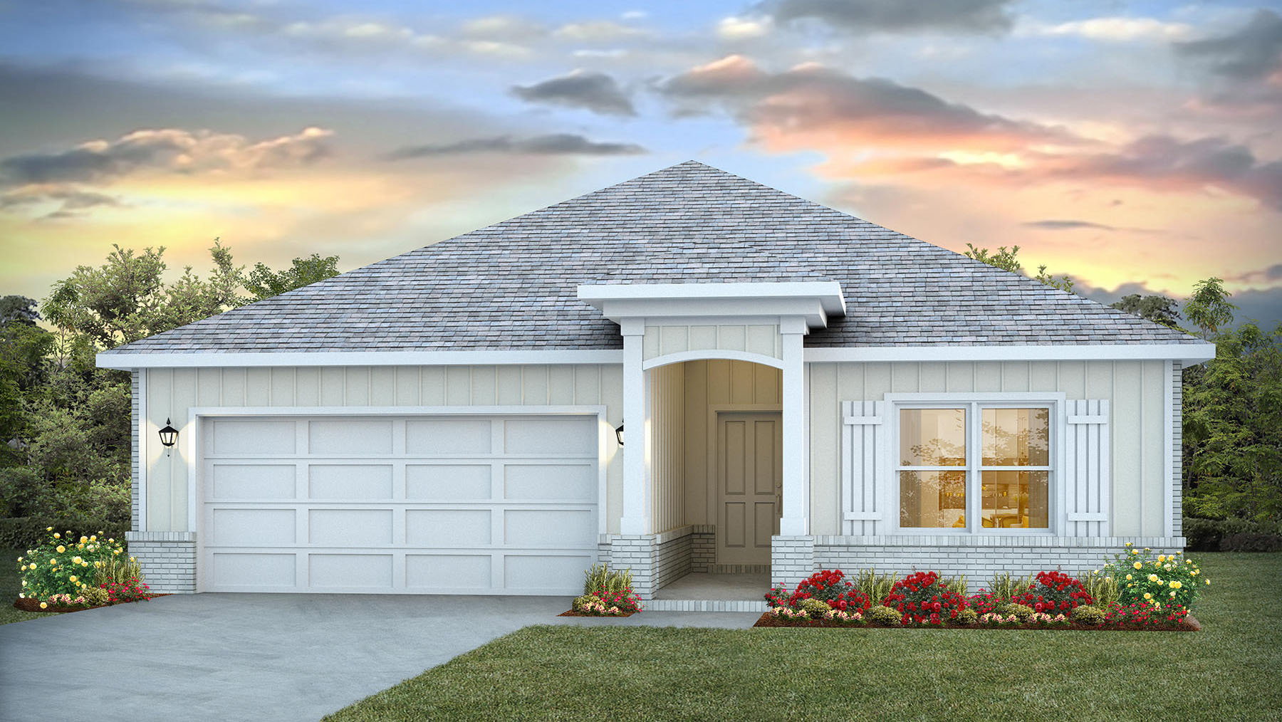 Single-story home with siding, front porch with arched entry, brick watertable and 2-car garage.