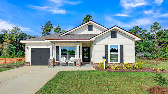 One-story home with a covered front porch and single-car garage.