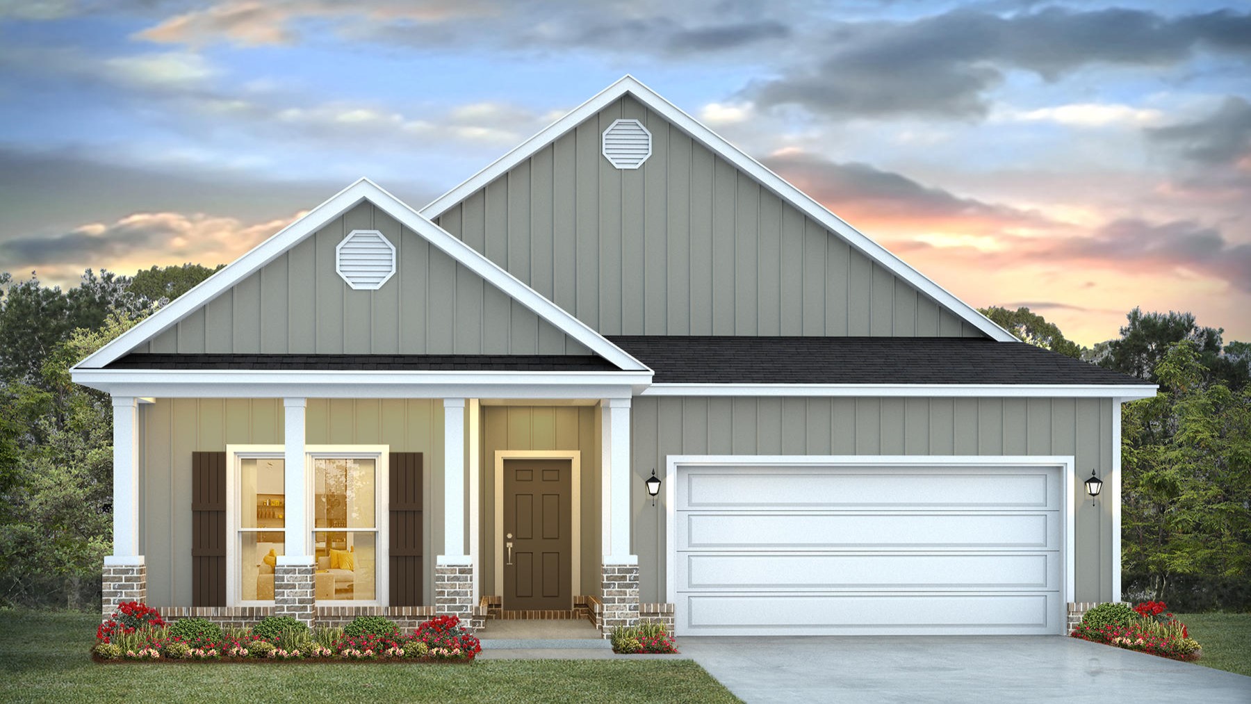 Single-story home rendering with a covered front porch and two-car garage.