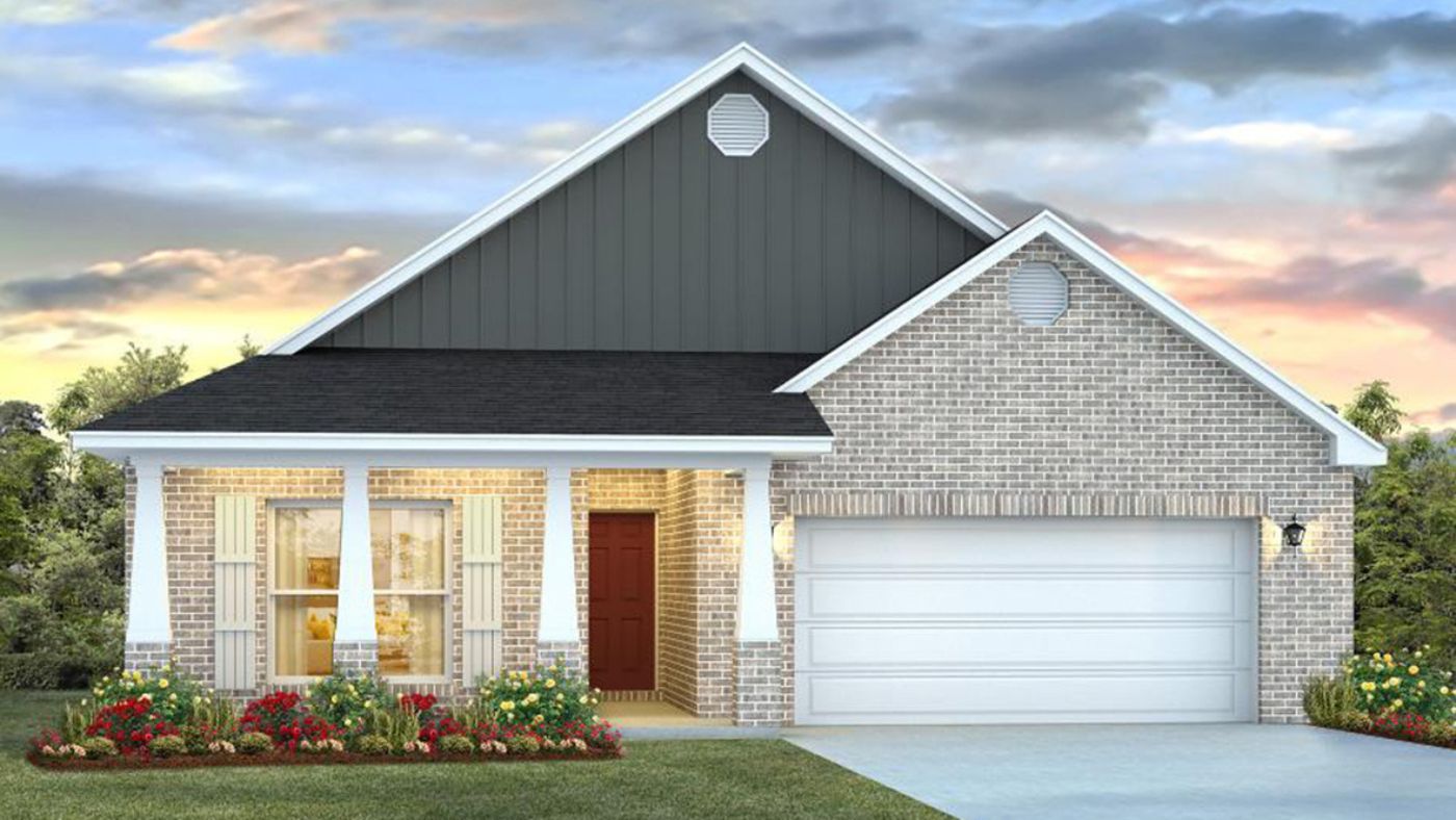 Rendering of home with siding and beautiful porch with garage.