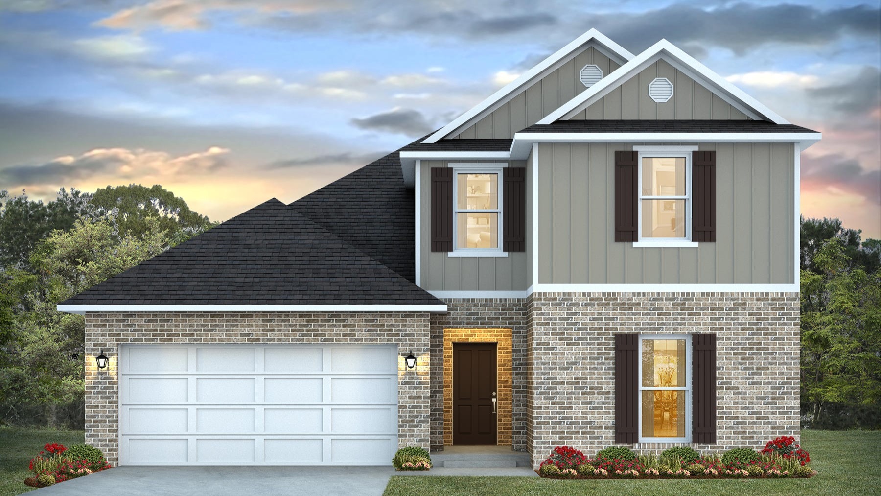 Two-story new home rendering with a two-car garage.
