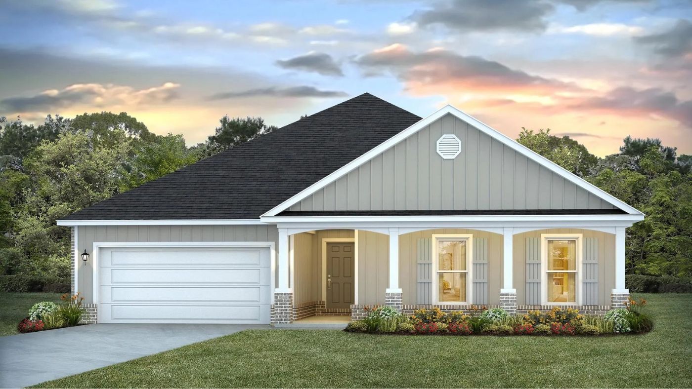 Single-family home with garage and front porch with columns and rounded arch way.