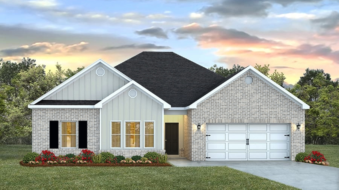 Single story-home with brick and hardieboard accents with 4 windows on front and 2-car garage.