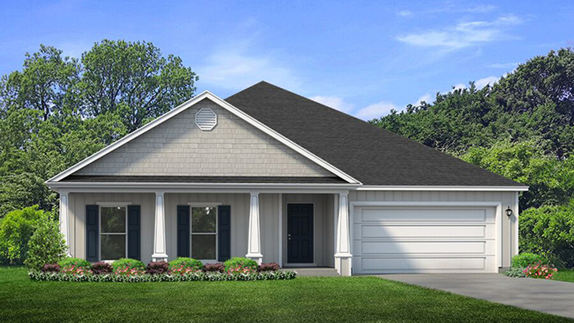 One story home with large front porch and garage.