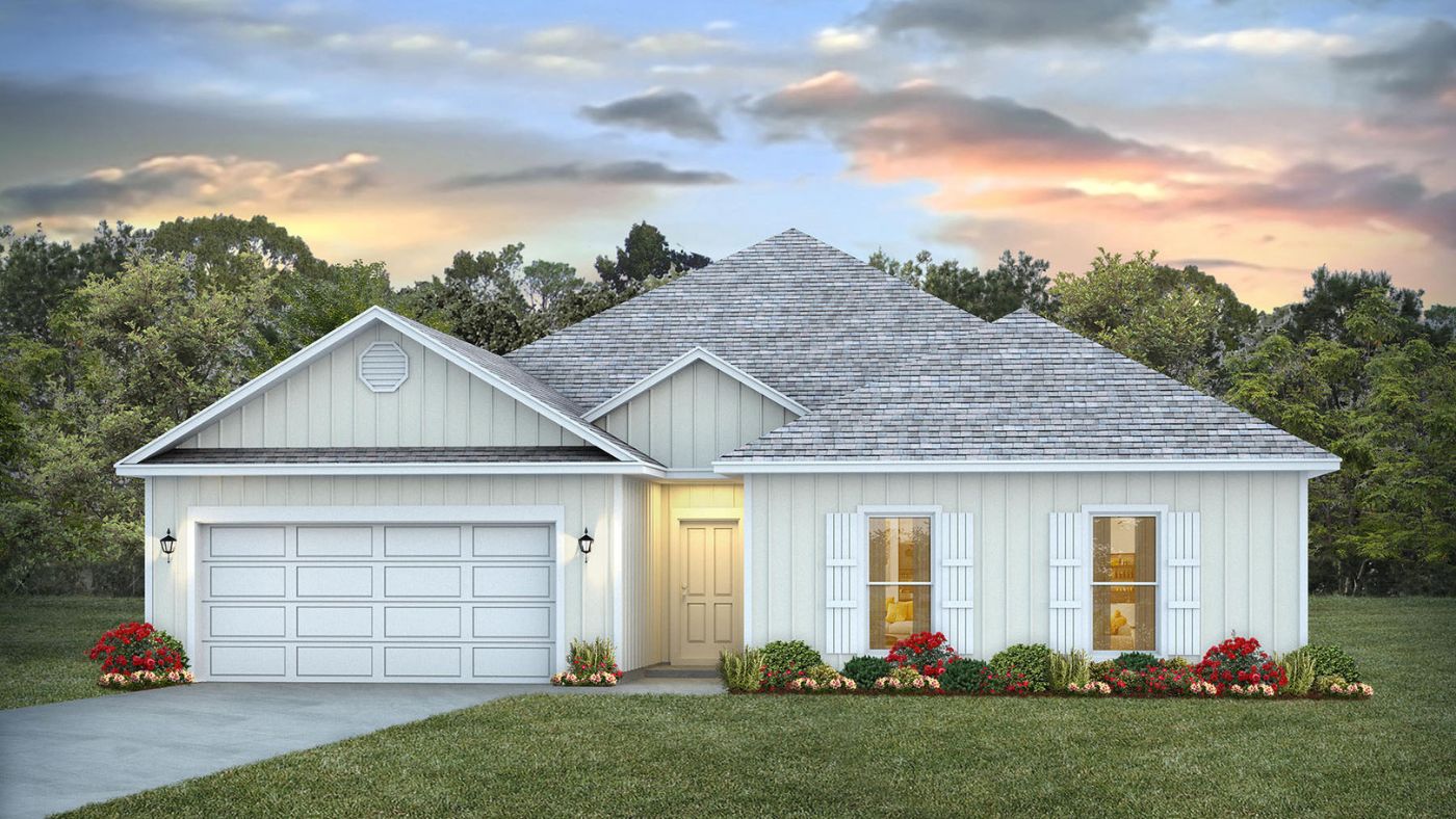 Rendering of home with Hardieboard siding  and 2 car garage with 2 windows on the front of home.