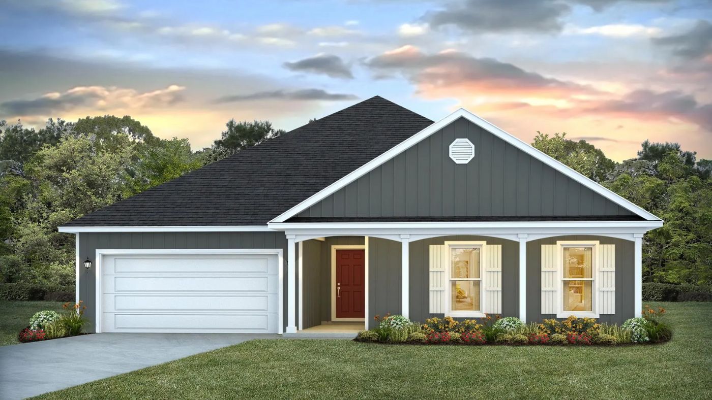 One story home with large front porch and garage.