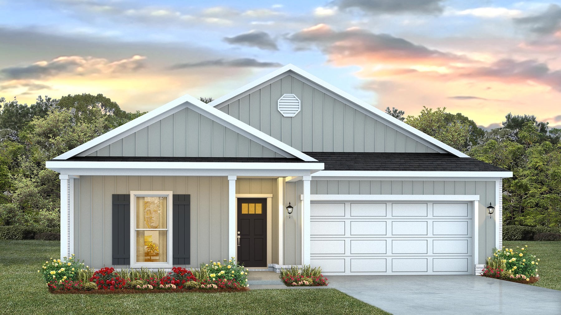 Single-story home rendering with board and batten, a covered front porch, and 2-car garage.
