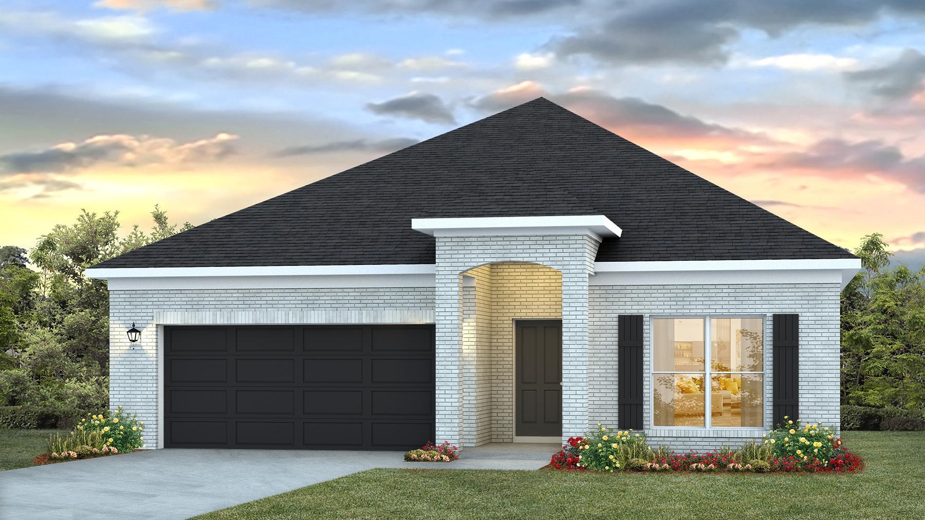 Single-story home rendering with a covered entryway, brick accents, and 2-car garage.