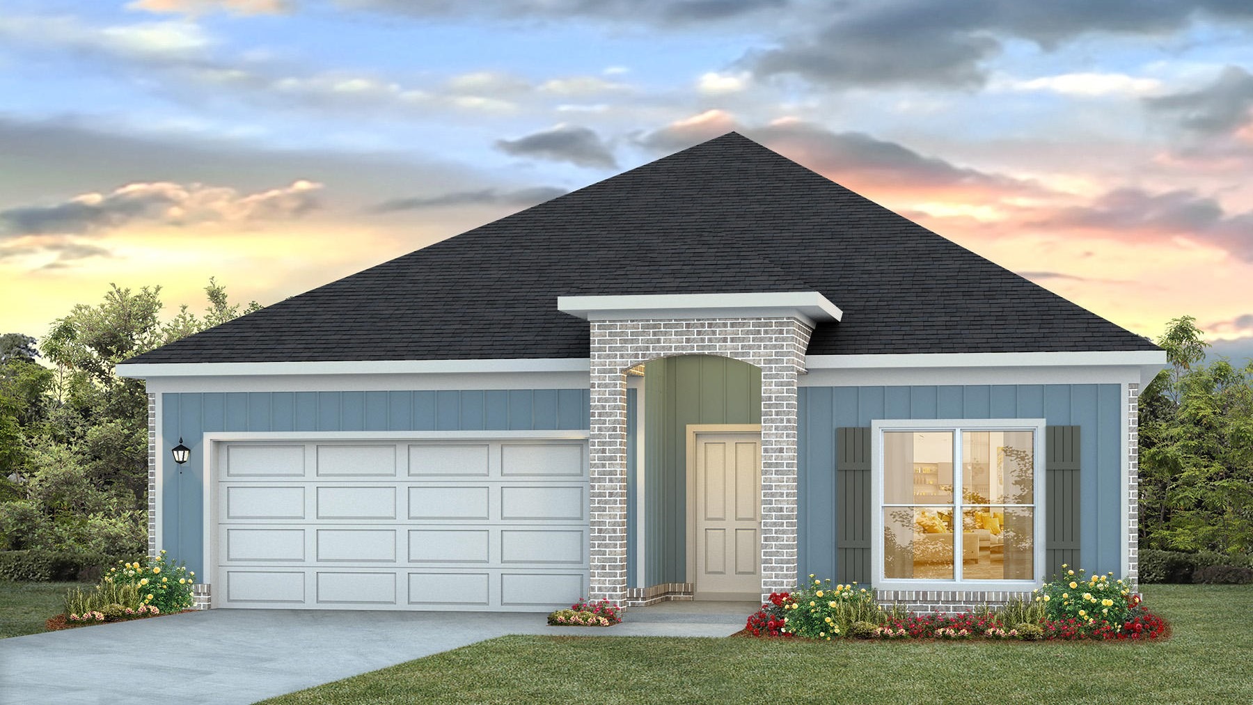 Single-story home rendering with a covered entryway, brick accents, and 2-car garage.