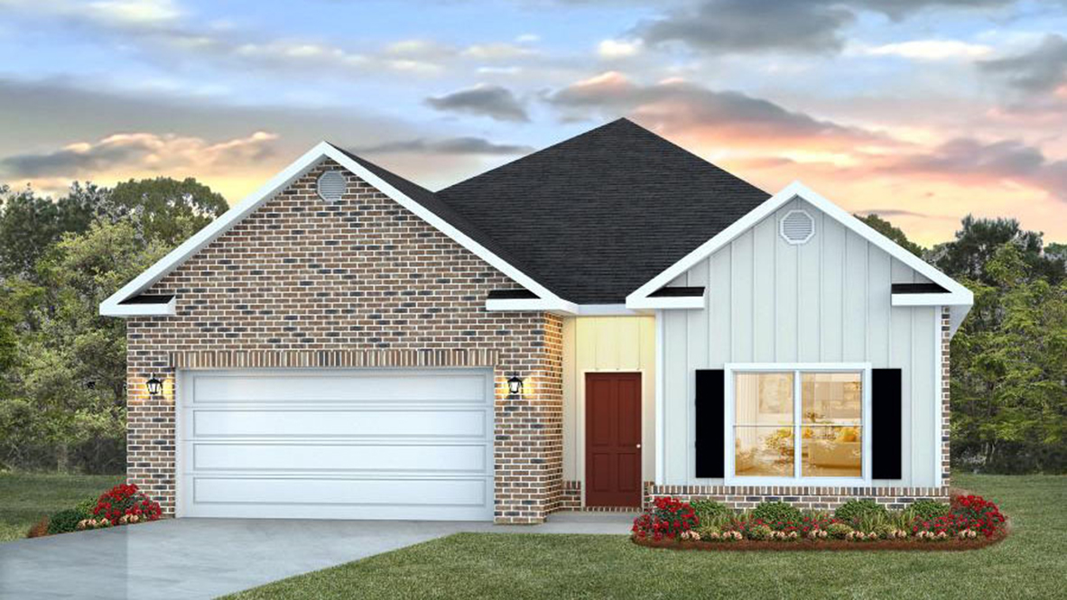Single-story home rendering with a covered entryway, brick accents, and 2-car garage.