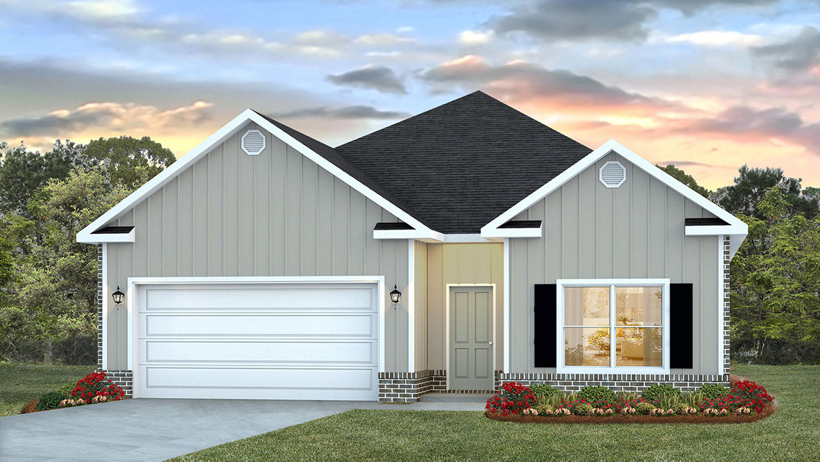 Single-story home rendering with a covered entryway and 2-car garage.