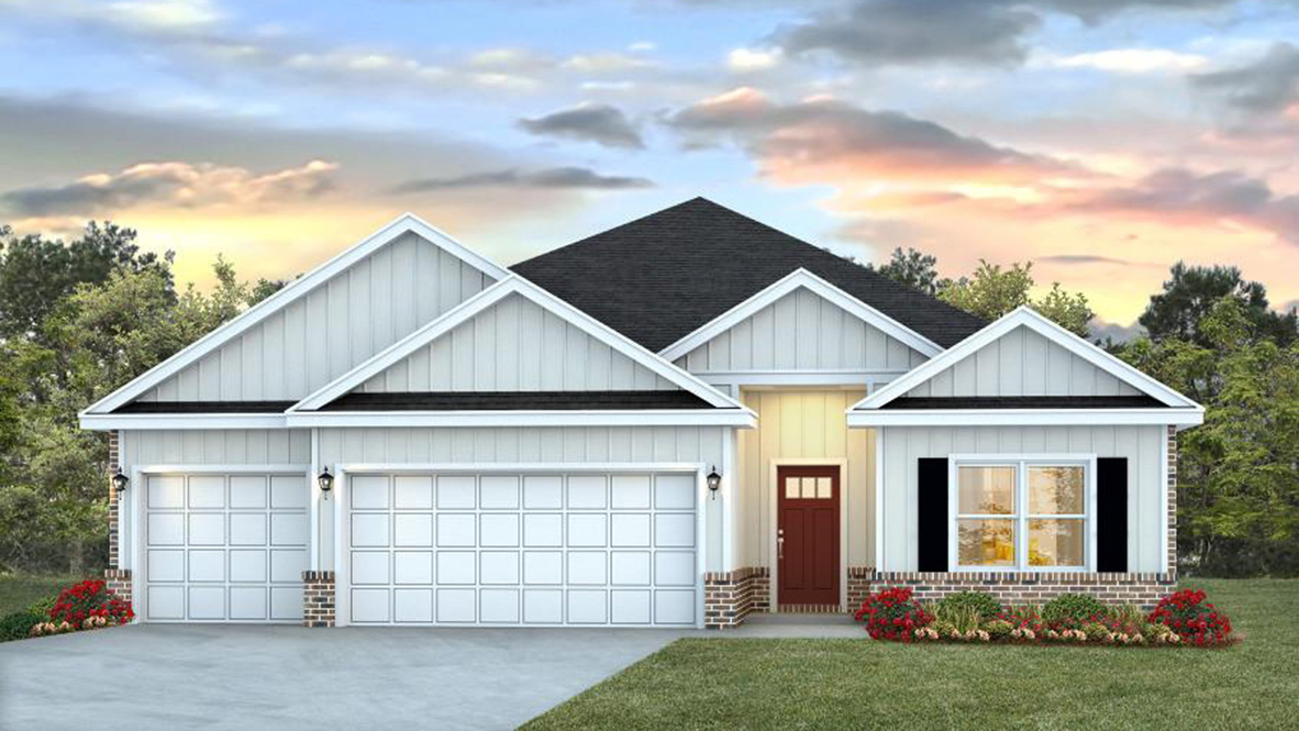 Single-story home rendering with a three-car garage.