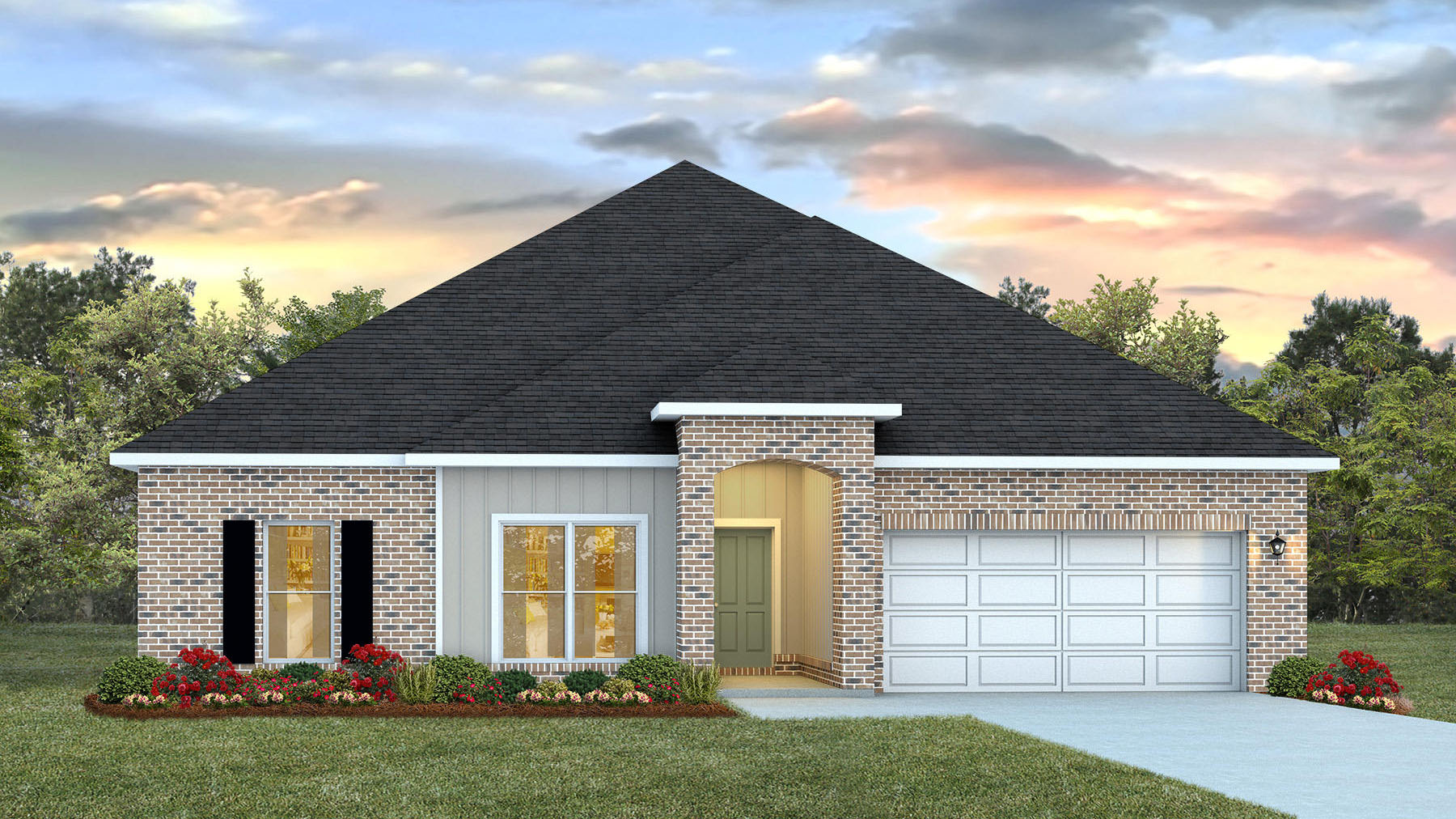Single-story home rendering with a two-car garage.