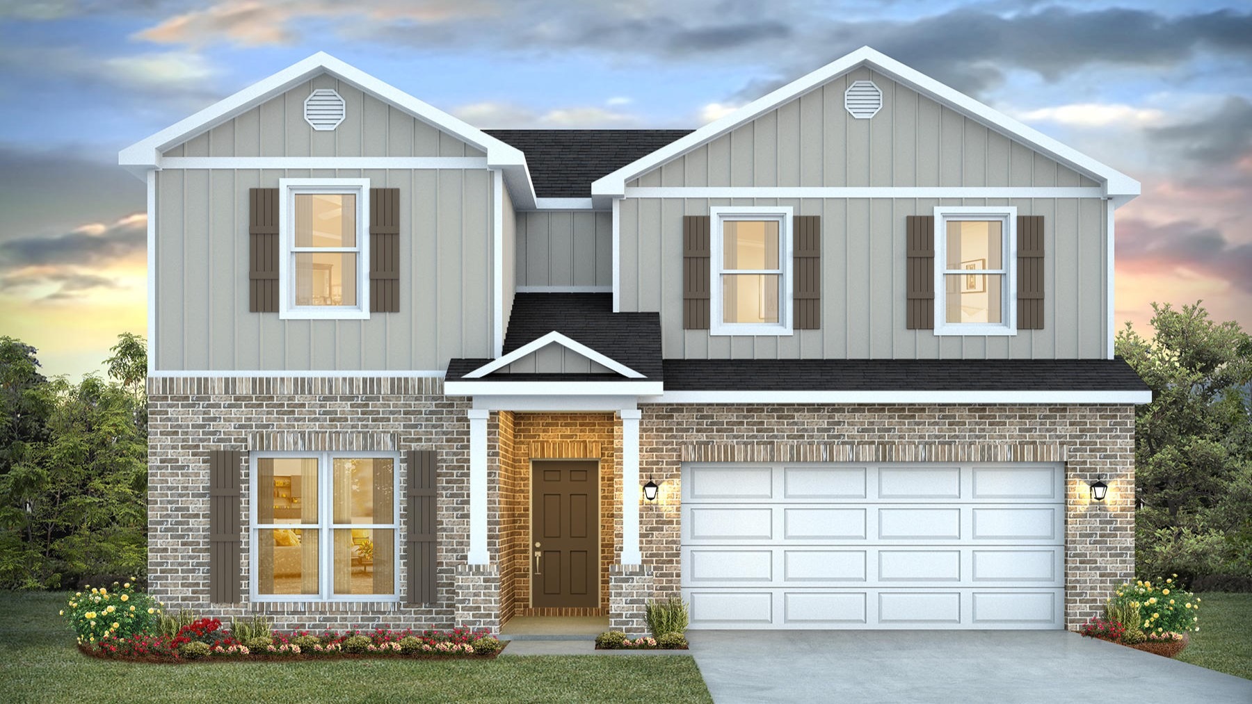 Two-story home rendering with a covered front porch and 2-car garage.