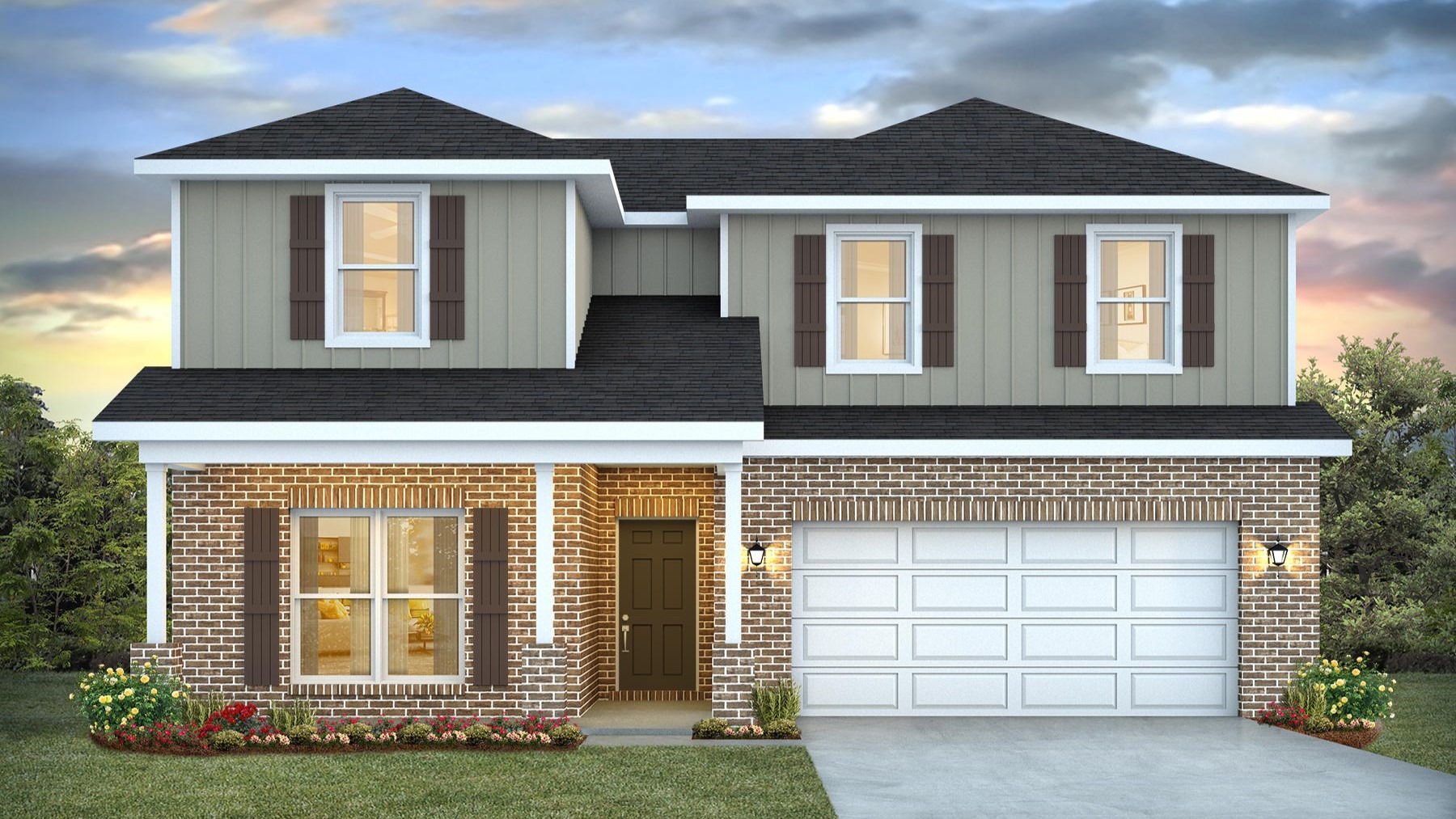 Two-story home rendering with a covered front porch and 2-car garage.