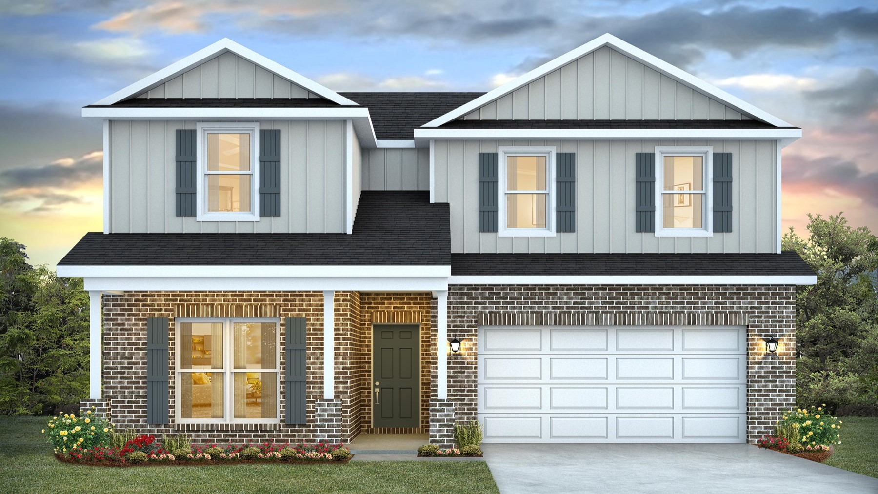 Two-story home rendering with a covered front porch and 2-car garage.