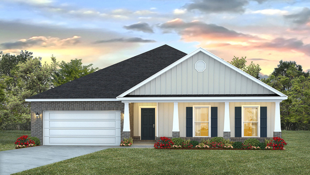 Single-story home with a covered front porch and two-car garage.