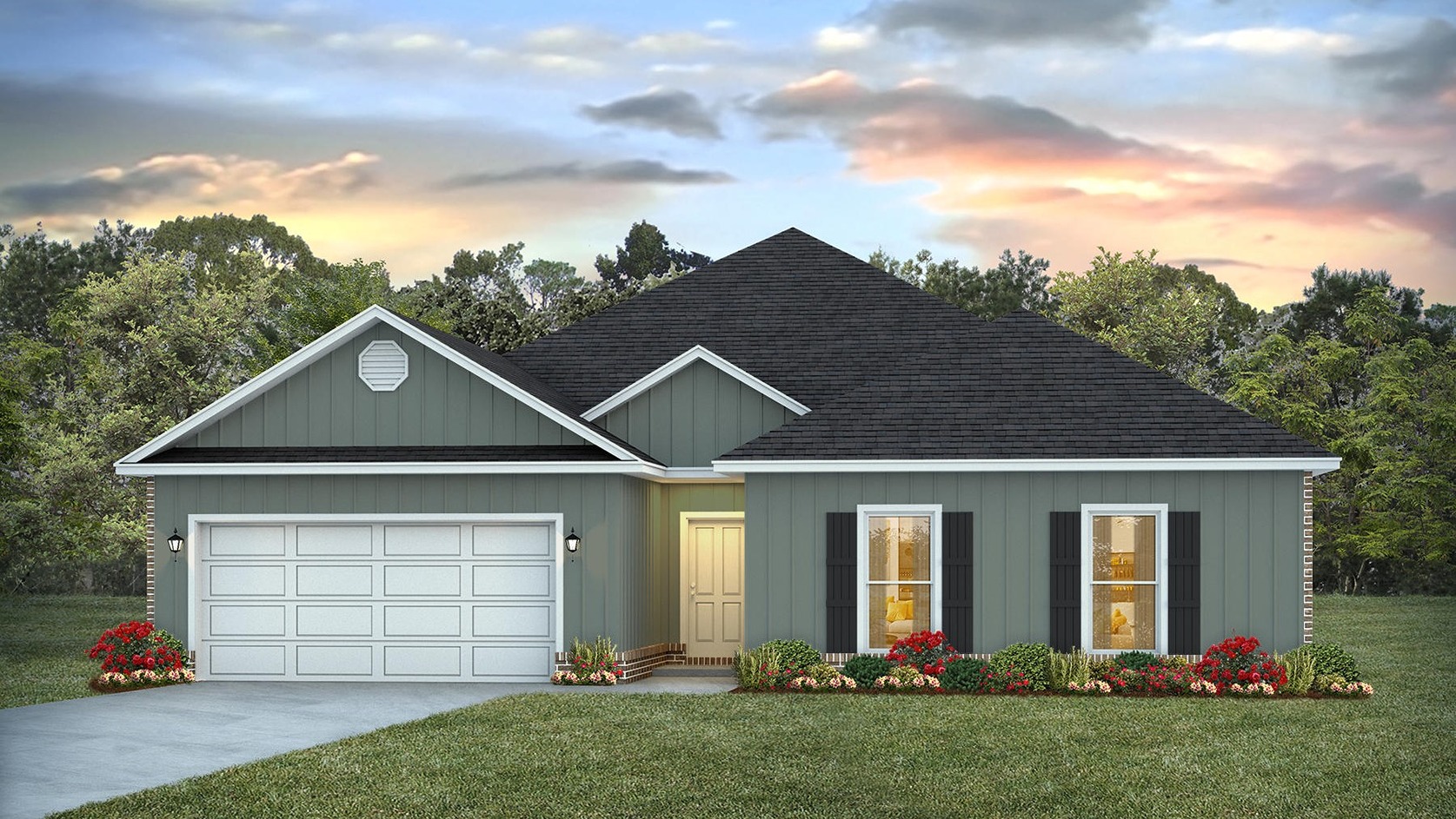 Single-story home with a covered front porch and two-car garage.